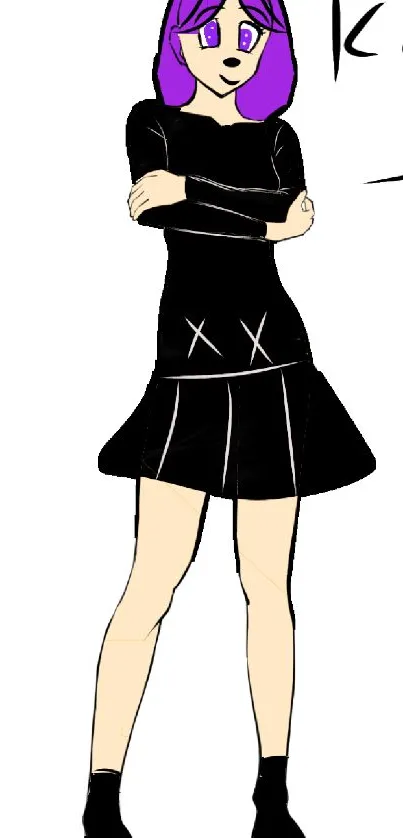 Anime character with purple hair in black dress standing confidently.