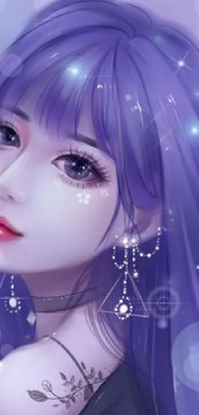 Anime girl with purple hair and sparkling background.