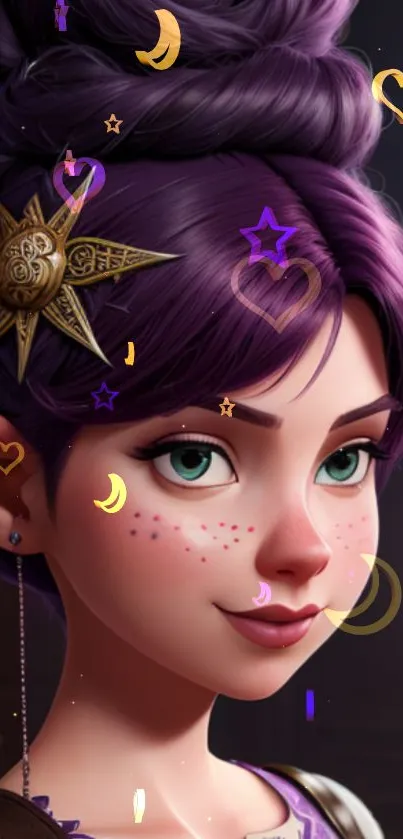 Purple-haired fantasy girl with celestial accents in digital art.