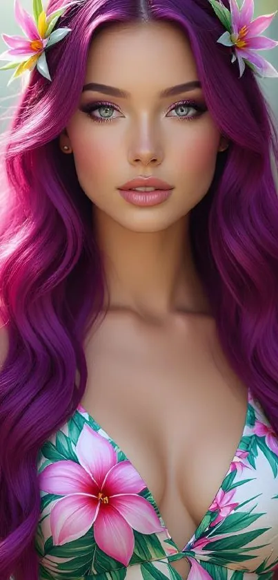 Purple-haired woman with floral accents on nature-themed wallpaper.