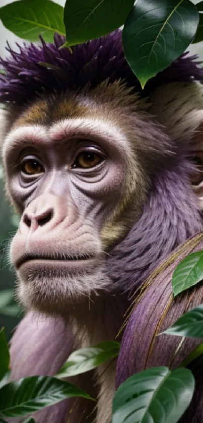 Purple-haired primate surrounded by lush green leaves in a vivid wallpaper.