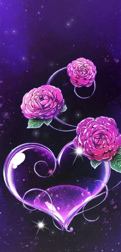 Purple wallpaper with a heart and pink roses on a dark background