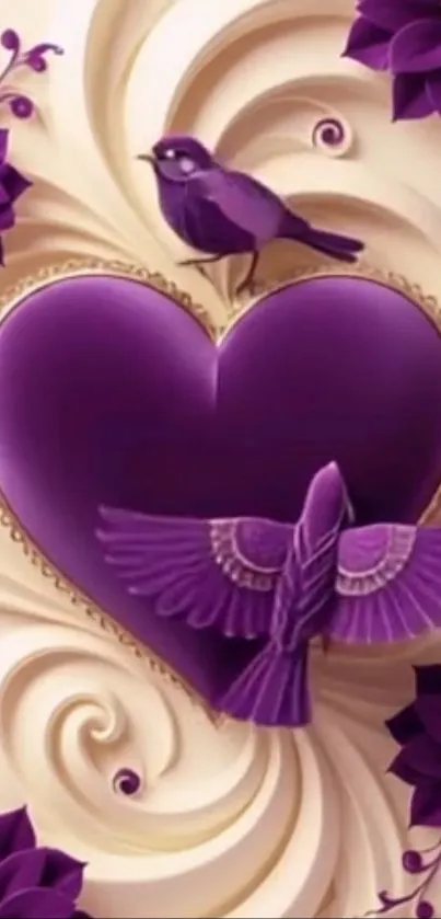 Purple heart with birds and floral design wallpaper.