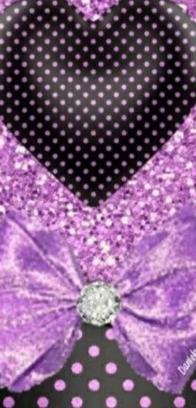 Purple glitter heart wallpaper with bow and polka dots.