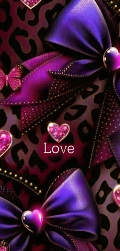 Purple bow and heart design on leopard print background with decorative elements.