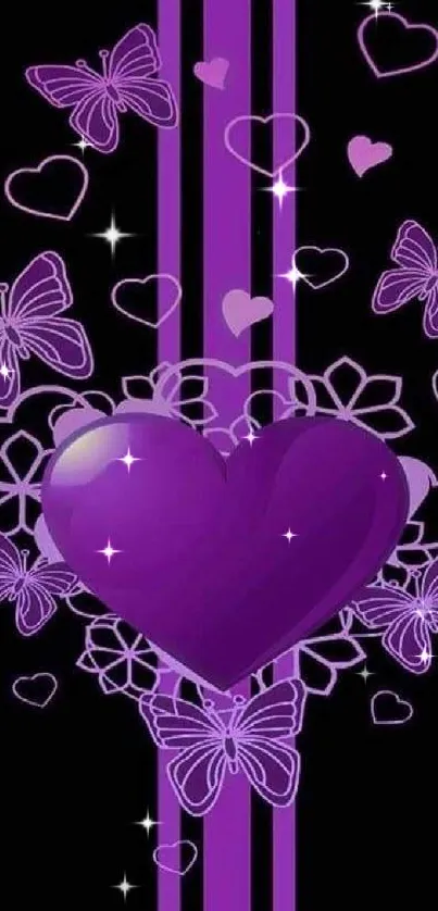 Purple heart with butterflies on black wallpaper background.