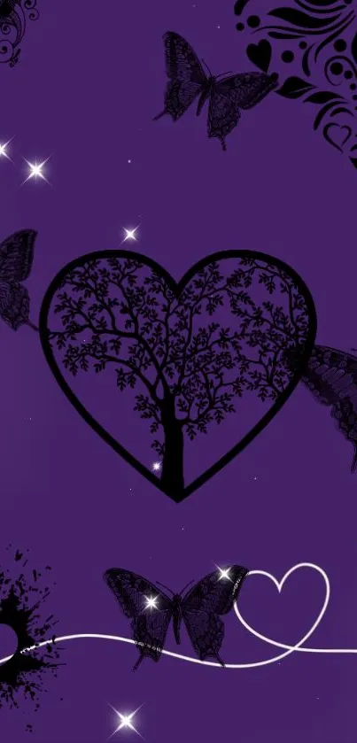 Purple wallpaper with heart and butterflies design.