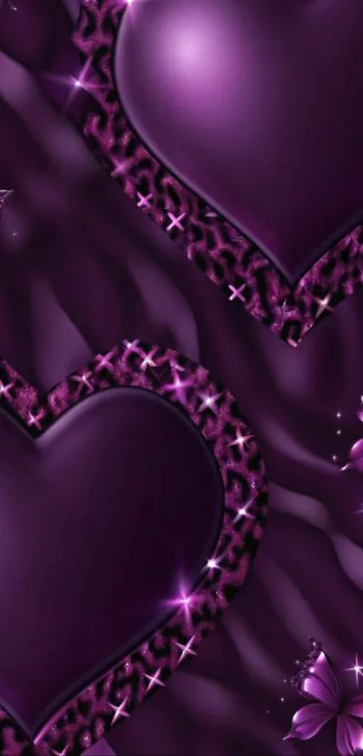 Purple heart and butterfly wallpaper with a leopard pattern.