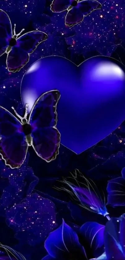 Purple heart with butterflies and flowers in cosmic background.