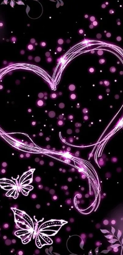 Purple heart and butterfly wallpaper with glowing accents.