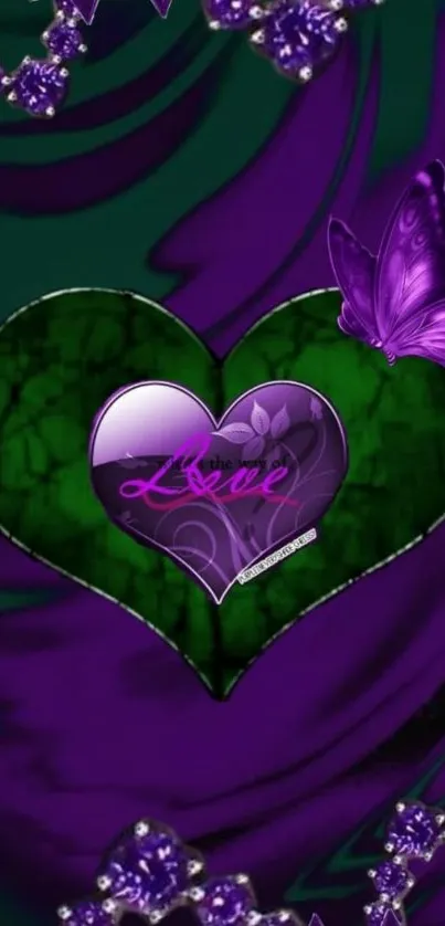 Purple heart and butterfly design wallpaper.