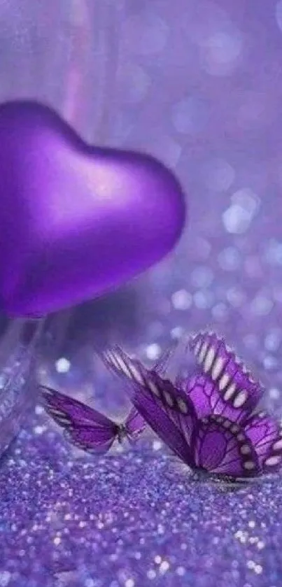 Purple heart and butterfly on glitter background wallpaper.