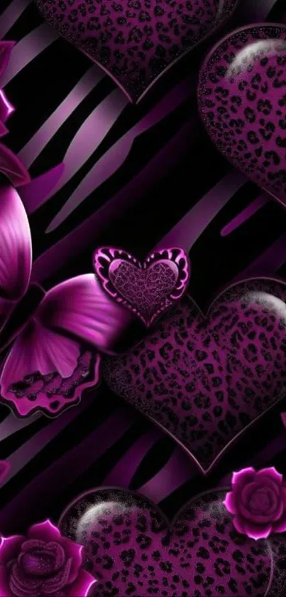 Purple heart and butterfly design wallpaper with floral patterns.