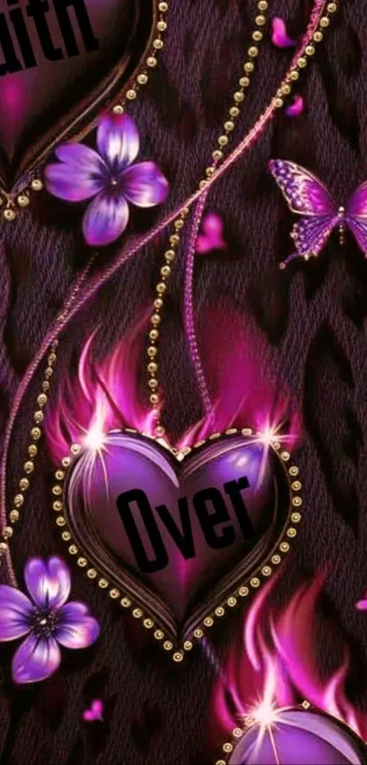 Purple heart and butterfly mobile wallpaper with floral and gold accents.