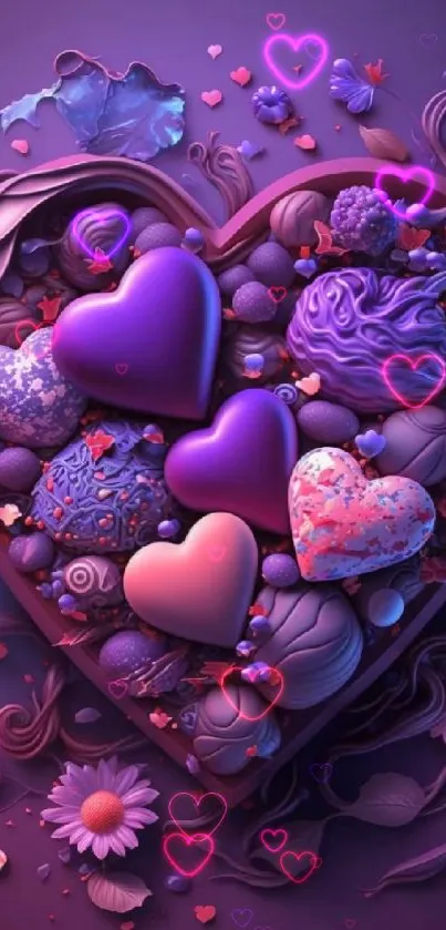 Purple heart design with flowers and textures.