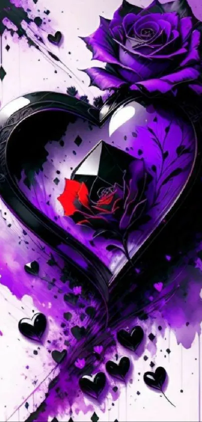 Artistic purple heart and rose wallpaper with gothic details.