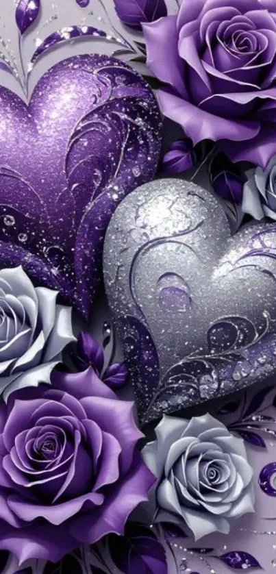 Purple and silver glitter hearts with roses wallpaper