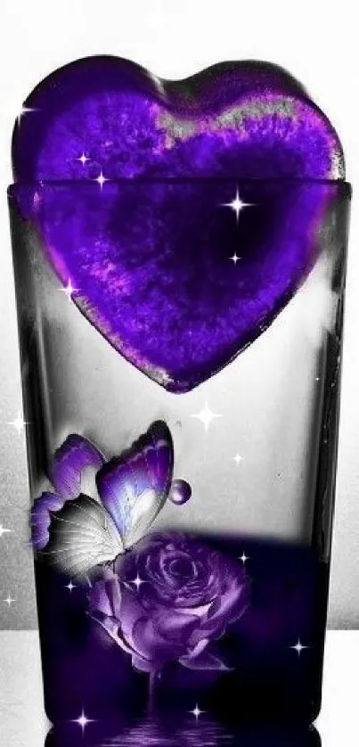 Wallpaper featuring a purple heart with rose and butterfly in a glass.