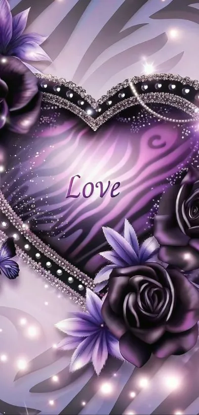 Purple heart with roses and butterflies in an artistic design