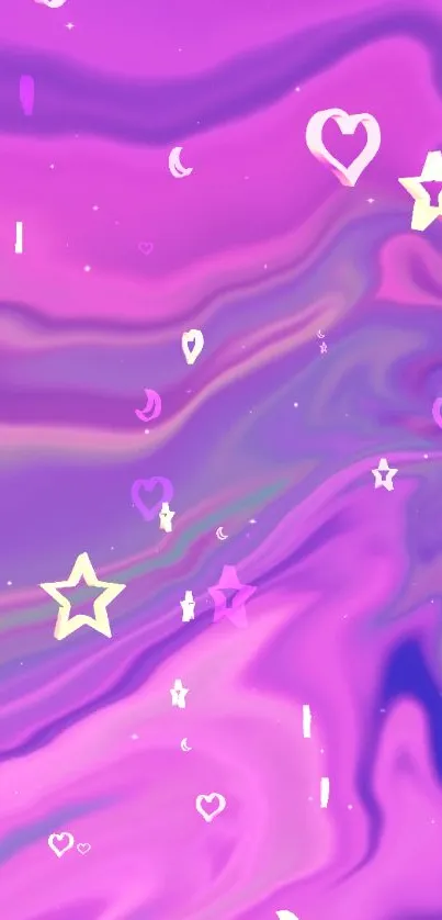Purple swirling wallpaper with hearts and stars.