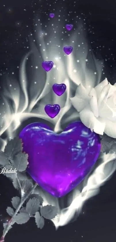 Purple heart and white rose on a dark background.