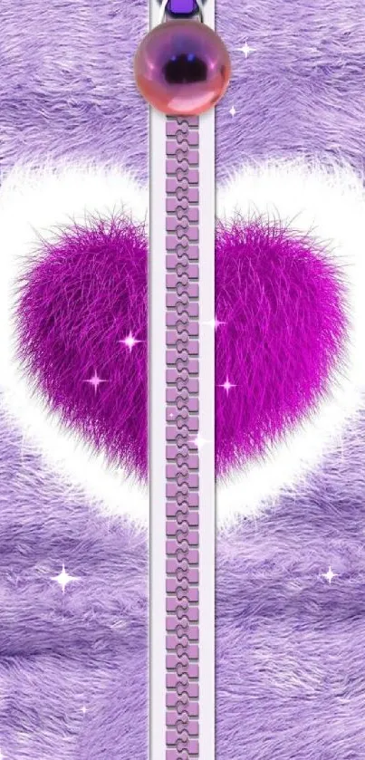 Purple furry heart with zipper design wallpaper.