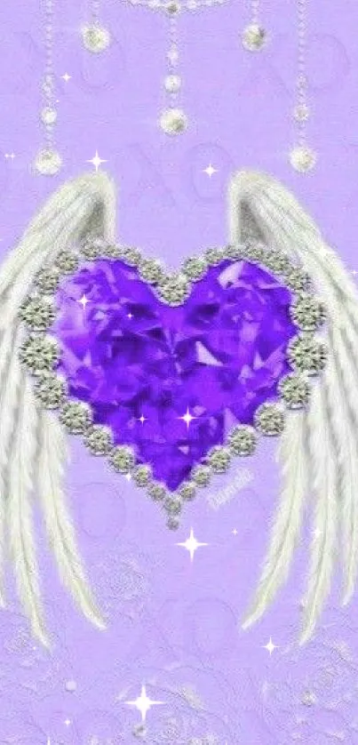 Purple heart with angel wings on lavender background.