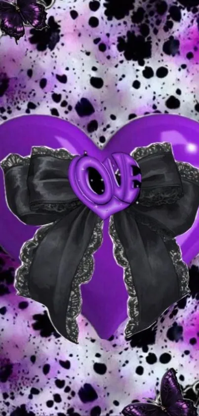 Purple heart with black lace bow on artistic background.