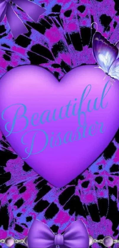 Purple heart with butterfly and bows on a vibrant background.