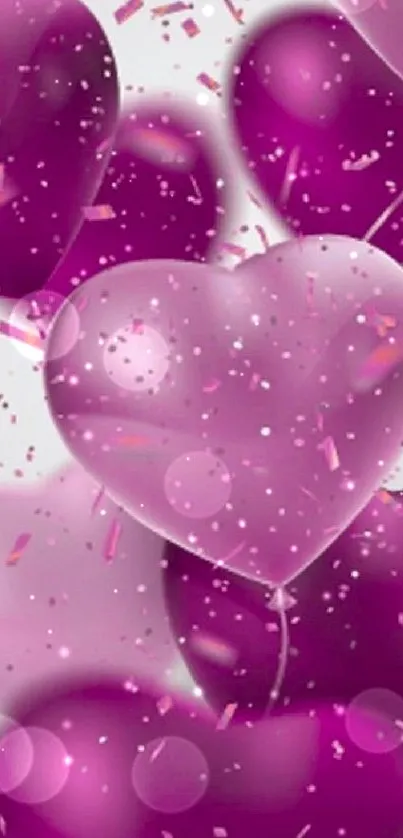 Purple heart-shaped balloons with confetti in a festive mobile wallpaper.