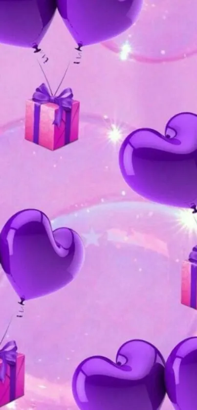 Purple heart balloons and gifts on a lavender background.