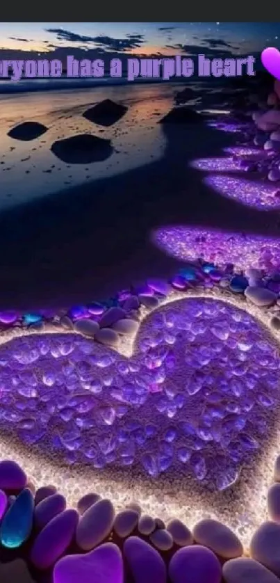 Purple heart shaped stones on a beach at night.