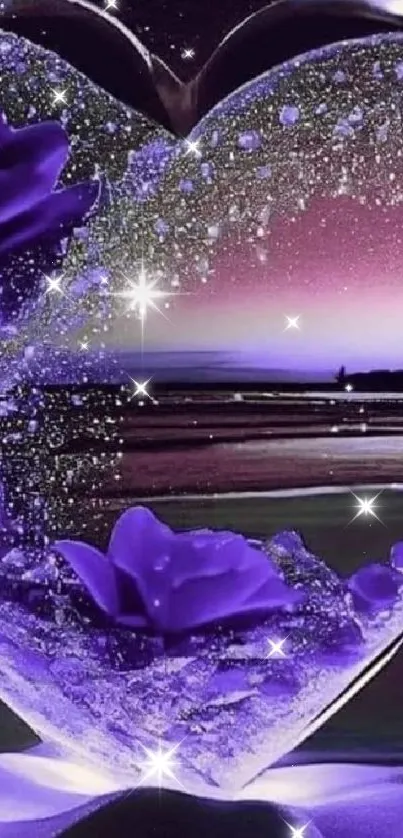 Purple heart with beach view background and starry sky.