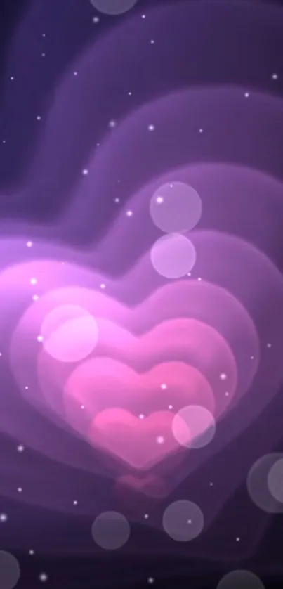 Purple heart bokeh wallpaper for phones with glowing layered hearts.