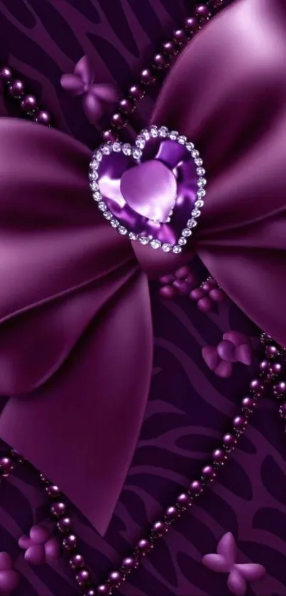 Purple bow with heart gem and floral accents.