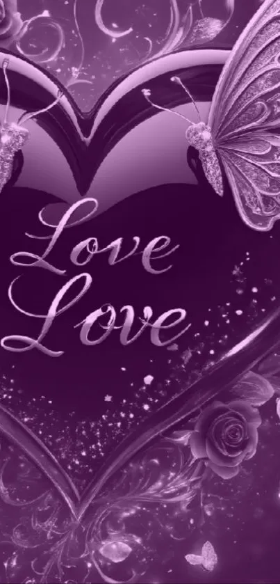 Purple heart with butterflies and floral design on wallpaper.