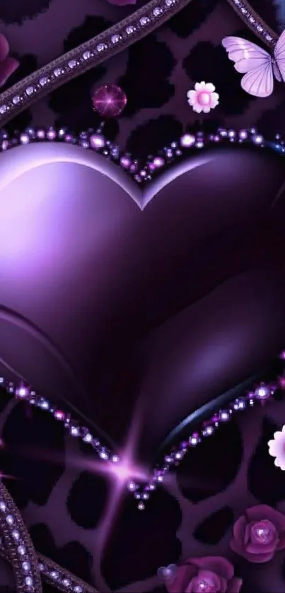 Purple heart with butterflies and floral accents on wallpaper.