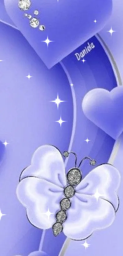 Lavender wallpaper with hearts and a butterfly.