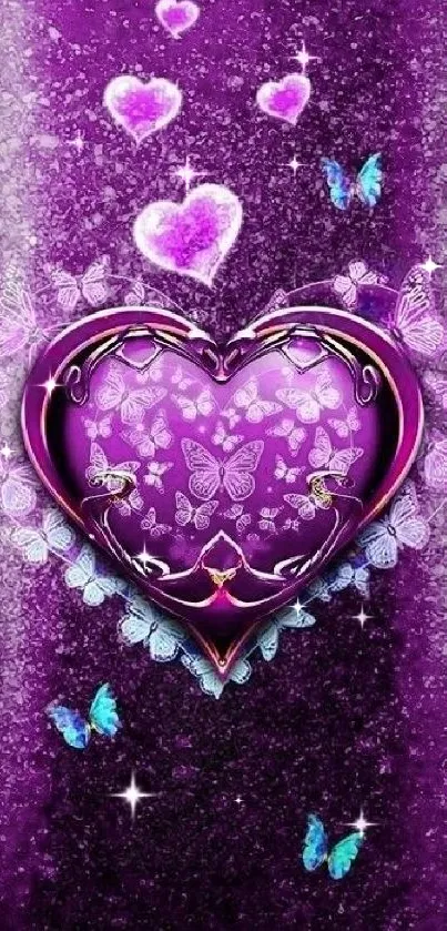 Purple heart wallpaper with butterflies and elegant design.