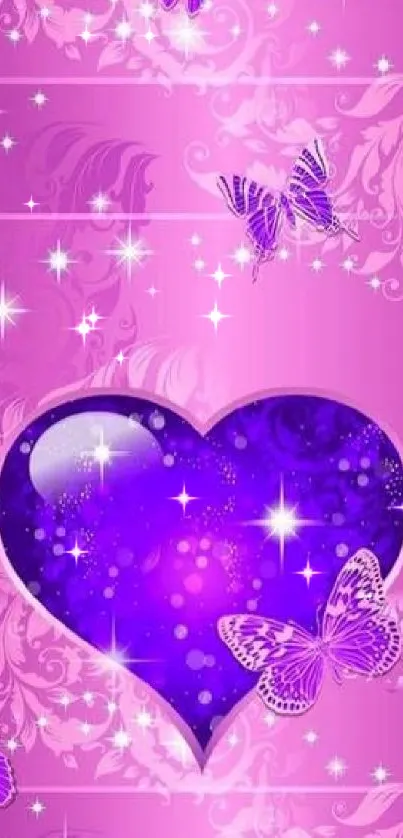 Purple heart and butterflies mobile wallpaper with decorative patterns.