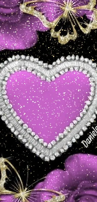 Purple wallpaper with heart, diamonds, and butterflies.