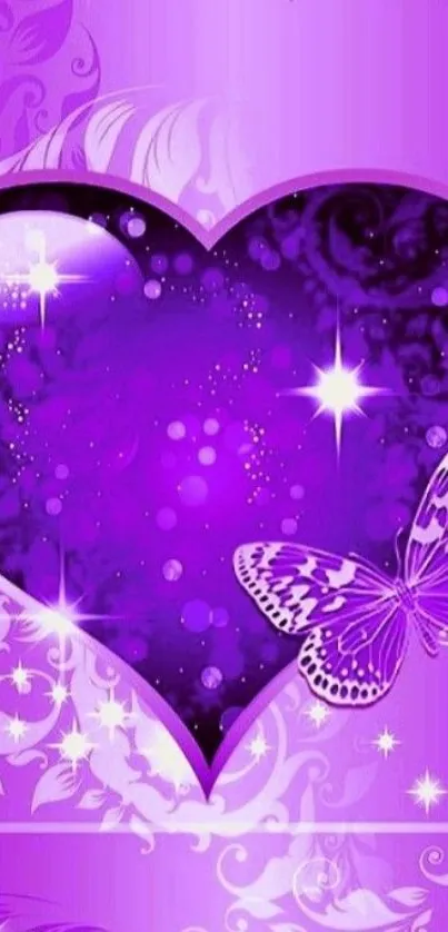 Vibrant purple heart and butterflies mobile wallpaper.