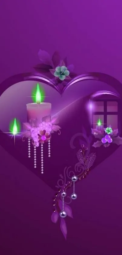 Purple heart wallpaper with candles and floral design.