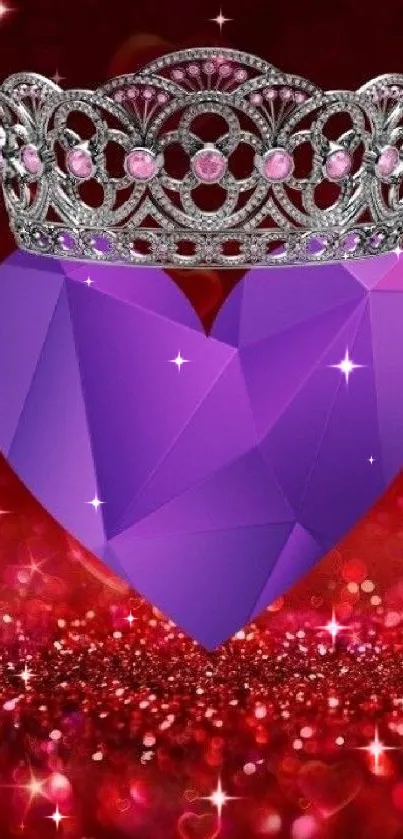 Purple geometric heart with crown and red sparkles.