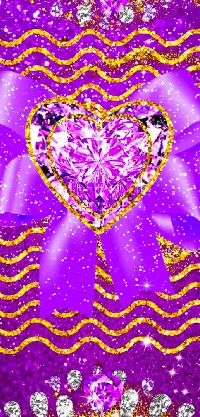 Vibrant purple heart crystal wallpaper with gold and bow accents.