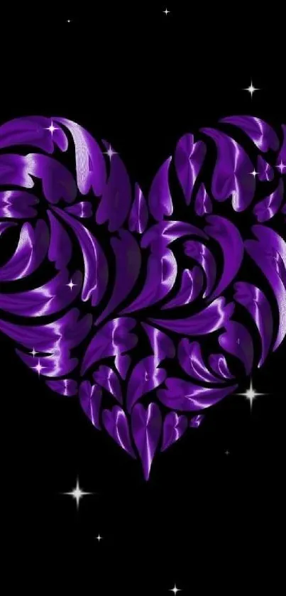 Intricate purple heart wallpaper with swirling patterns on black background.