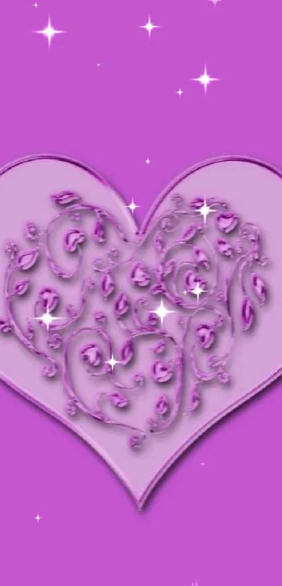 Purple heart design with floral patterns on wallpaper.