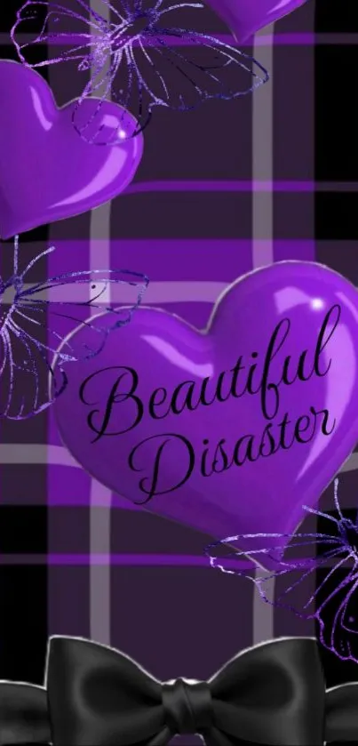 Purple heart design with floral accents on wallpaper.