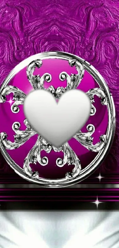 Elegant purple wallpaper with a silver heart design.