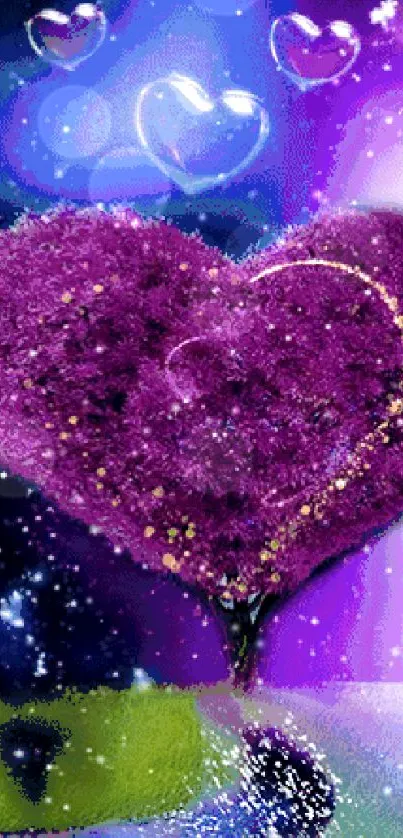 Purple heart-shaped tree in a magical, starry night fantasy scene.